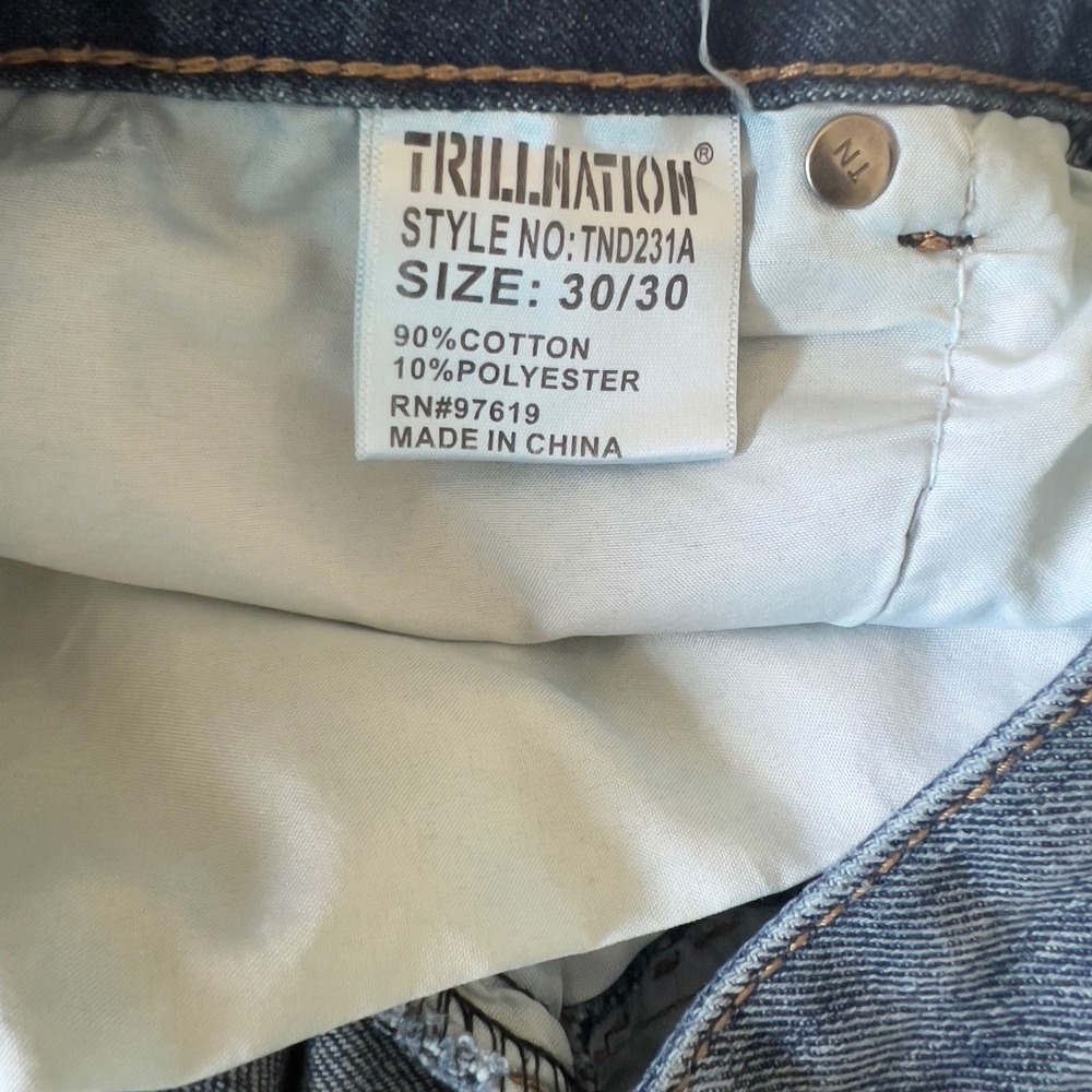 Trill Nation Mens 30x30 Moto Biker Cargo Jeans Distressed Blue Denim Ribbed Knee - Picture 13 of 13